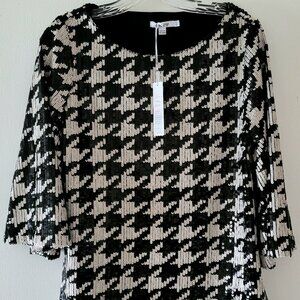 Chico's womens blouse, sequined houndstooth( blk/wh), bell sleeves, size S